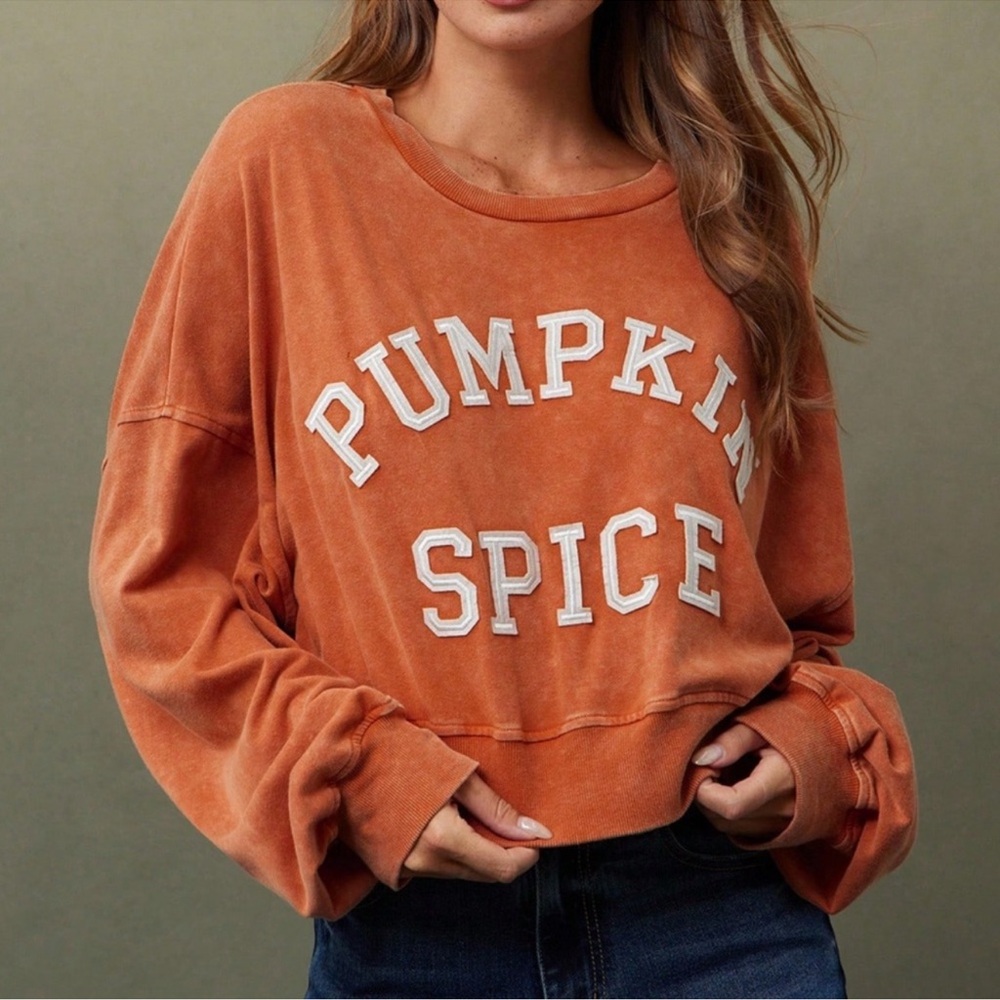Cozy Orange Mineral Wash Festive Oversized Graphic Sweater Top XS S M L